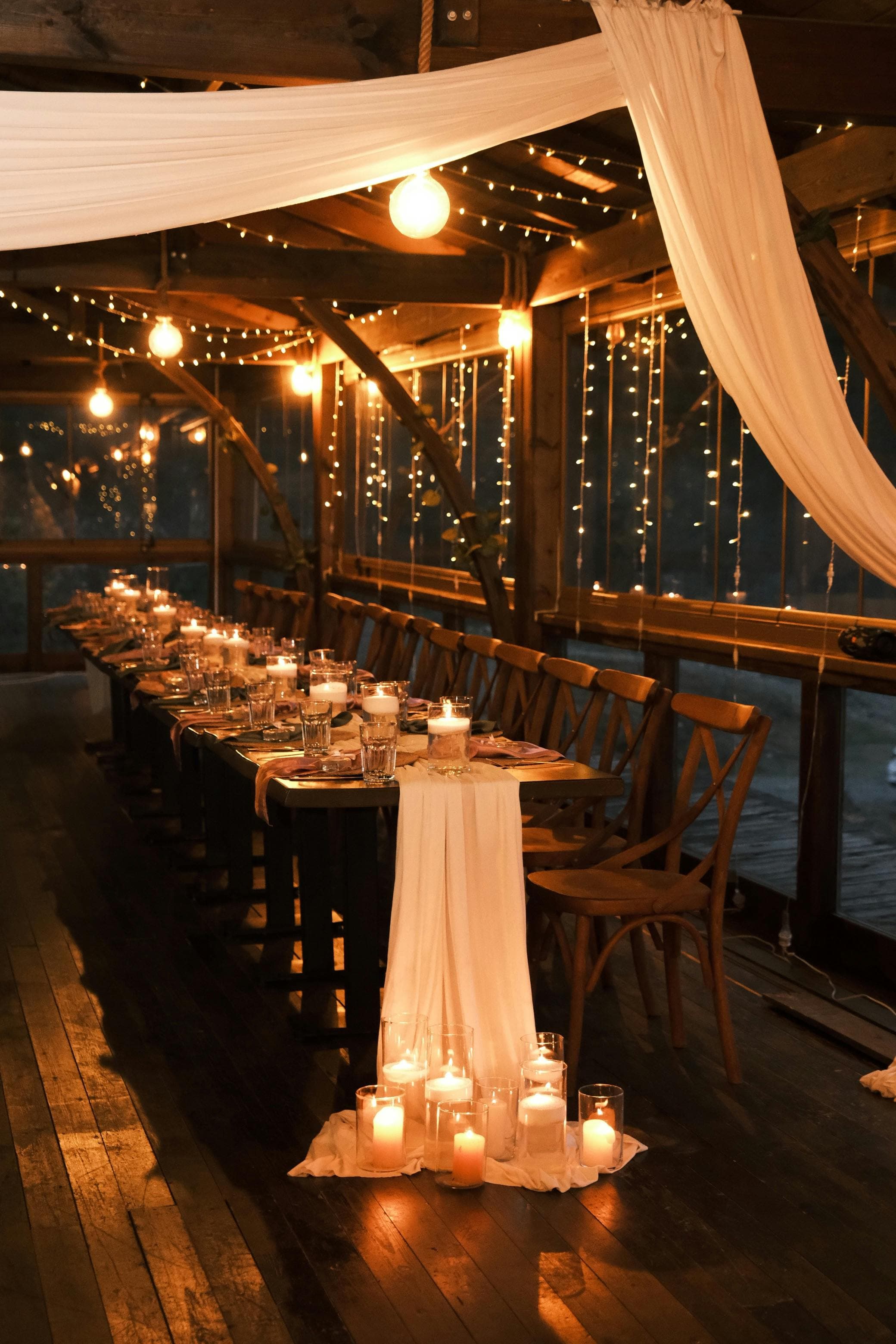 Private Parties - elegant candlelit dinner setting with twinkle lights